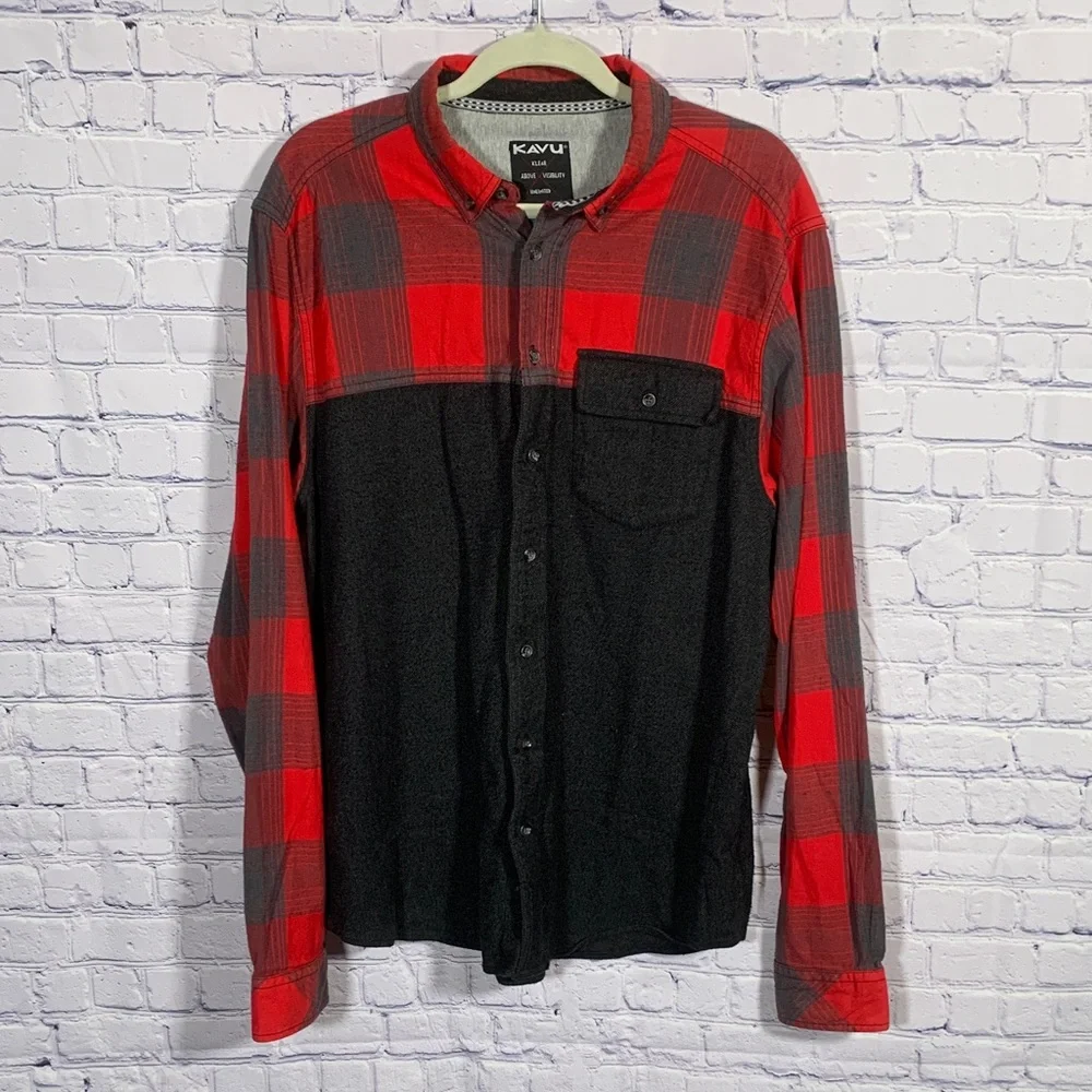 Kavu Mens VTG Color Block Plaid Button Down Red Gray Size XL Outdoor Hiking
